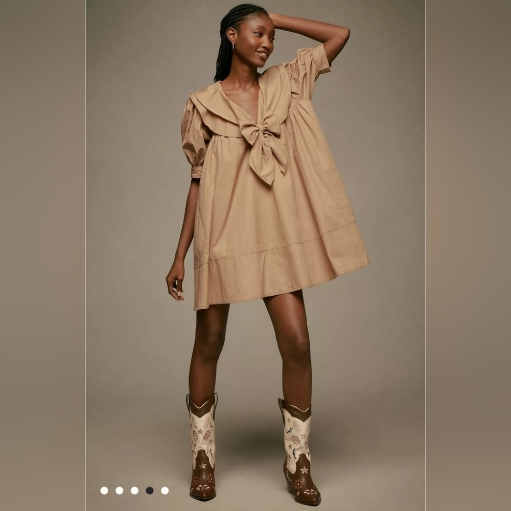 Anthropologie Pilcro Bow Front Tunic Mini Dress Tan XSmall - Picture 7 of 8
